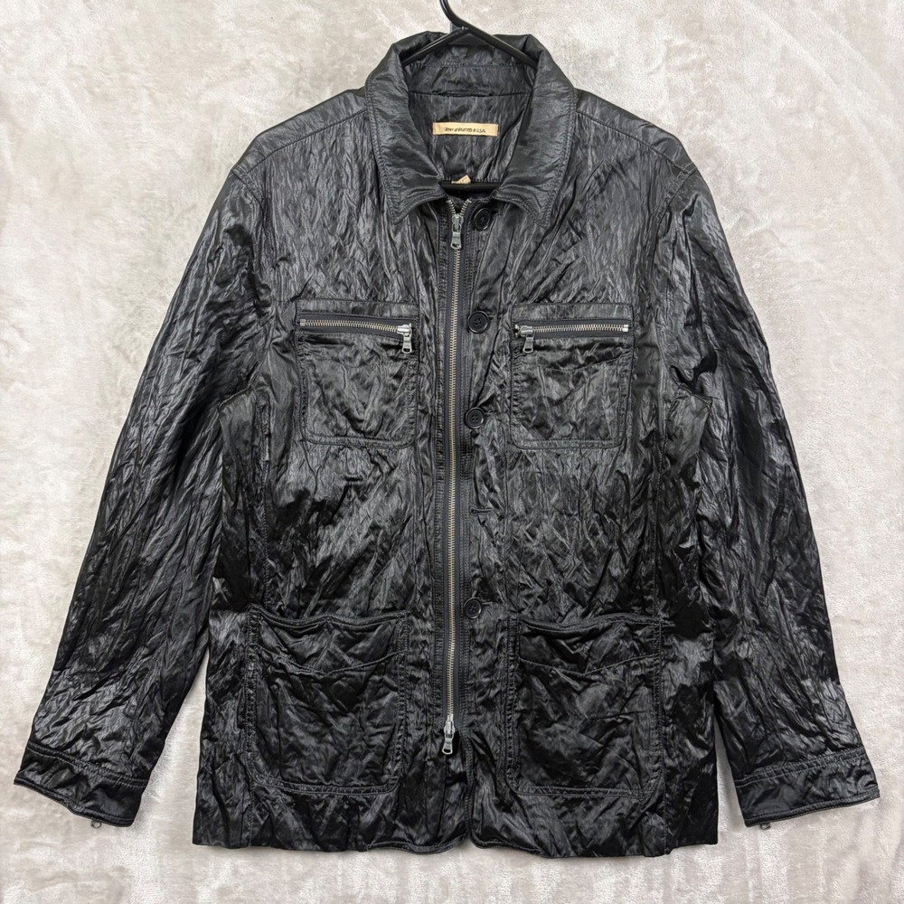 John Varvatos USA Black Crinkled Metallic Coated Utility Jacket Mens L Dual Zip